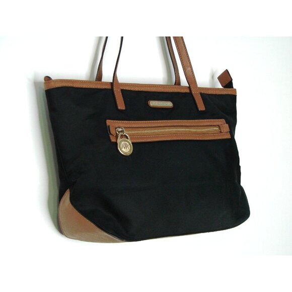 Michael Kors Black Nylon Tote Shoulder Bag Brown Trim Faux Leather Edging Purse - Picture 5 of 12